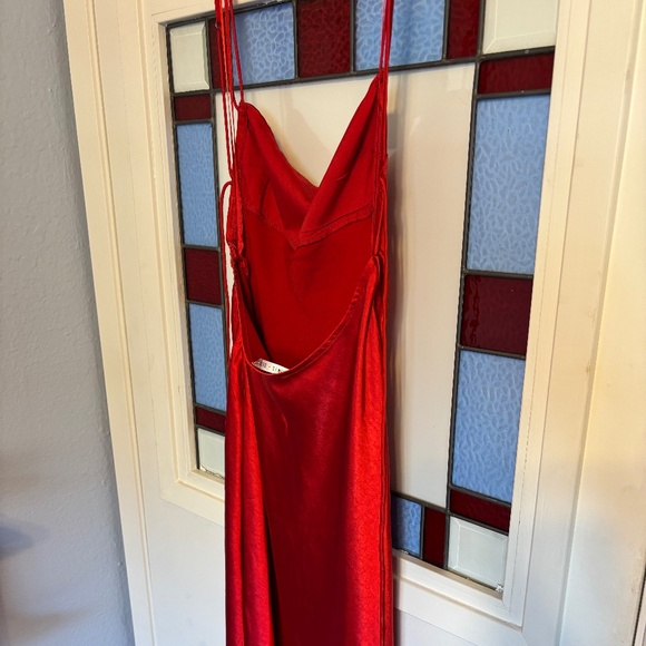 Red Open Back Satin Midi Dress - Picture 3 of 7
